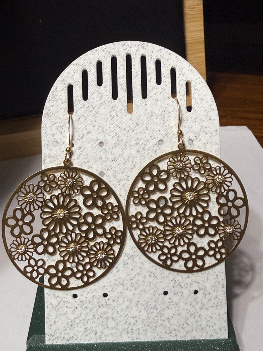 Gold tone dangle floral & rhinestone cut out pierced earrings